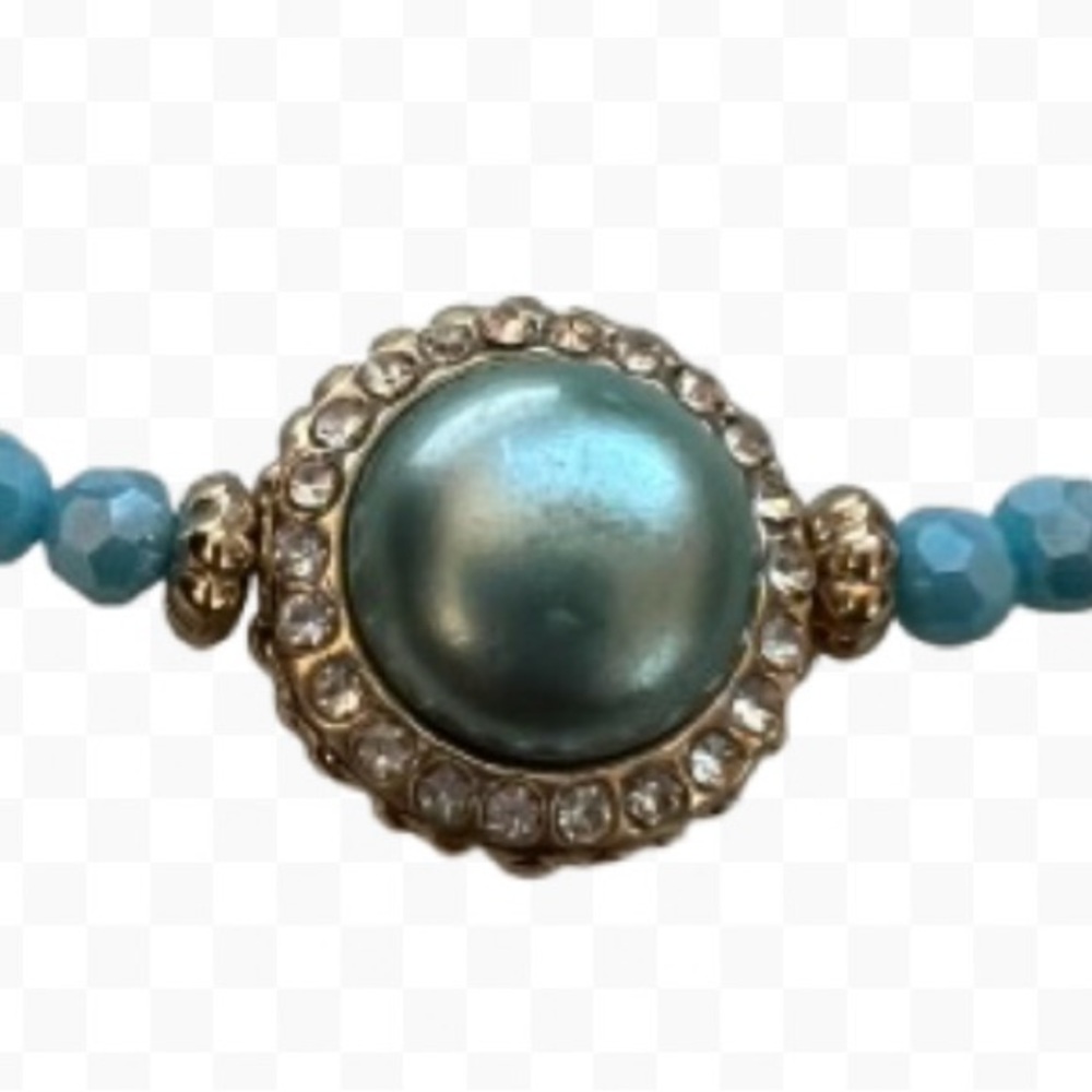 Turquoise Blue Gold Faceted Beads Choker Necklace W/Rhinestone Center Faux Pearl - Picture 6 of 10